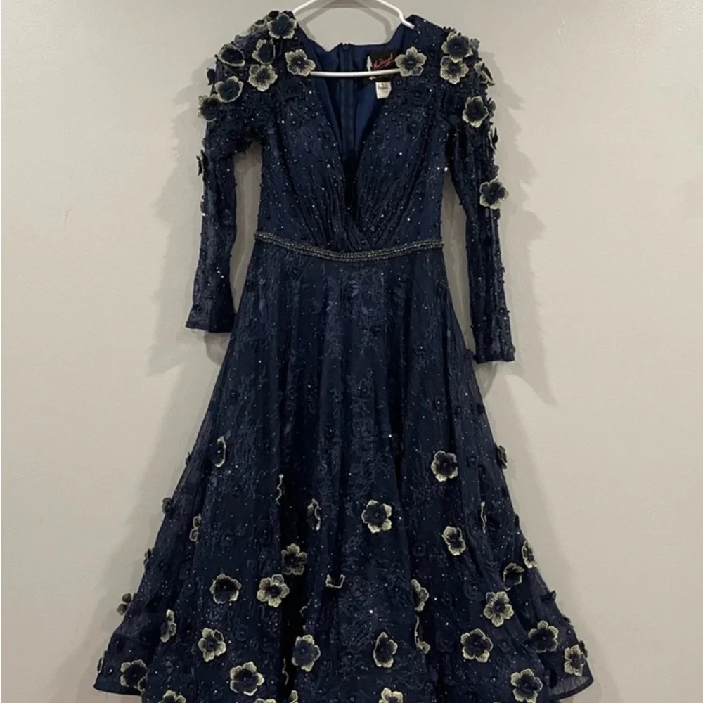 Mac Duggal 67809 Lace Floral Low V-neck Cocktail Midi Dress Gown Midnight 4 - Picture 10 of 10